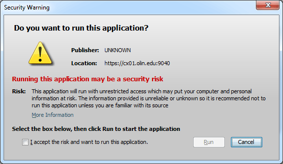 Java security warning when running CX 8.1